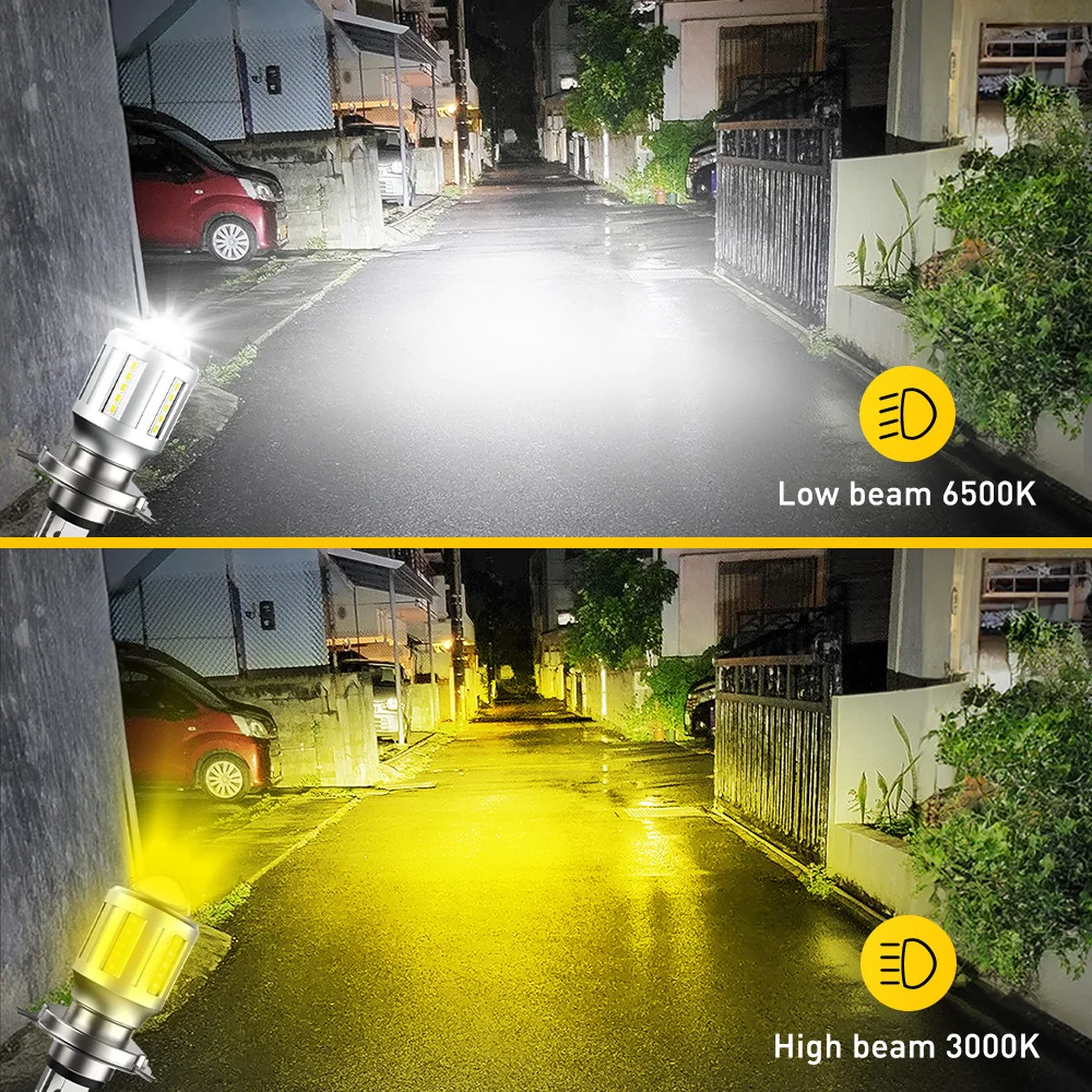 AUXITO H4 Motorcycle Hi/Lo Beam LED Headlights Bulbs Plug&Play Motorbike Replace Halogen Lamp 6500K White 3000K Yellow High/Low
