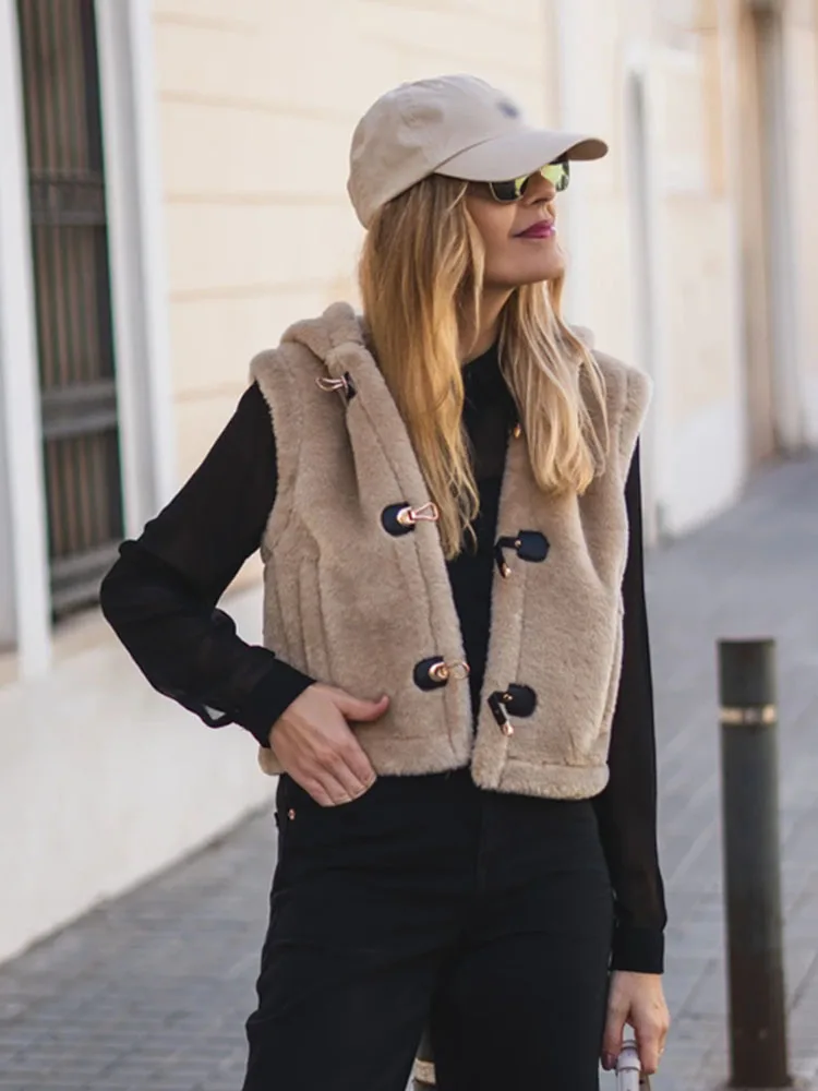 HH Women's Autumn New Fashion Short Coats Solid Hooded Sleeveless Single Breasted Vest Female Chic Casual Waistcoats Trendy