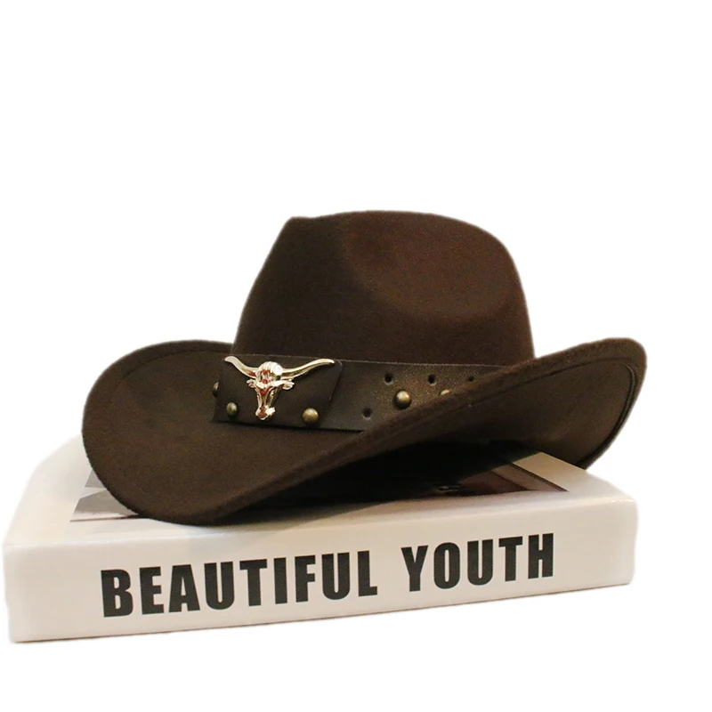 Retro Bull Ox Head Rivet Leather Band Unisex Women Men /Kid Child Wool Wide Brim Sun Cowboy Western Hat Cowgirl Cap 54-57-61cm