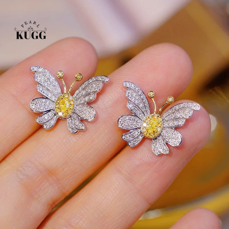 

KUGG серьги из 100% белого золота 18 карат, женские серьги-гвоздики из настоящего натурального желтого бриллианта, романтическая форма бабочки, ювелирные изделия для вечеринок