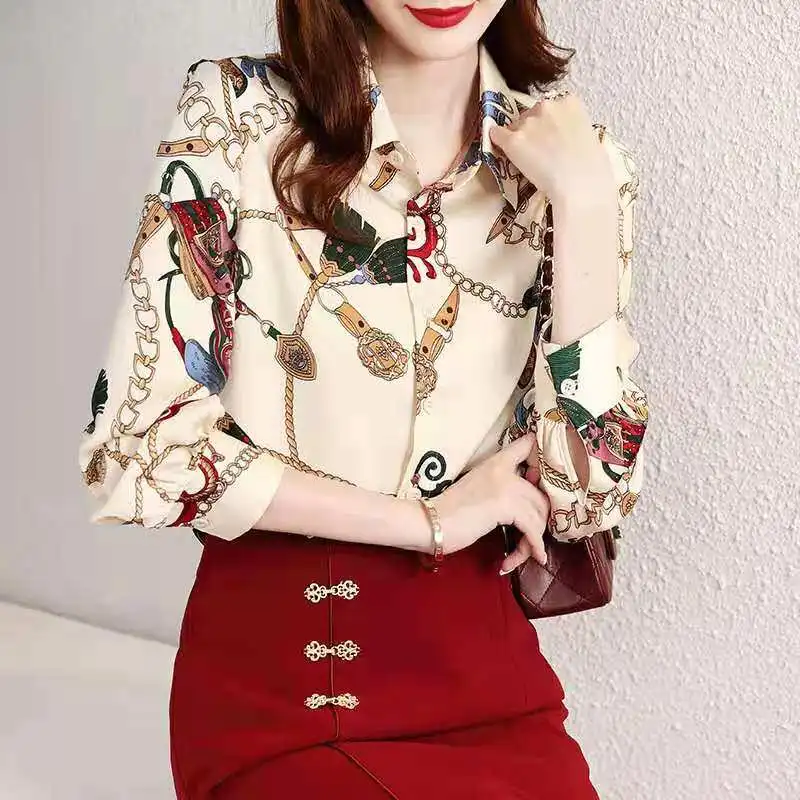 Korean Elegant Printed Chiffon Blouse For Women Spring Casual Long Sleeve Top Vintage Loose Warm Bottoming Shirt Office Commut