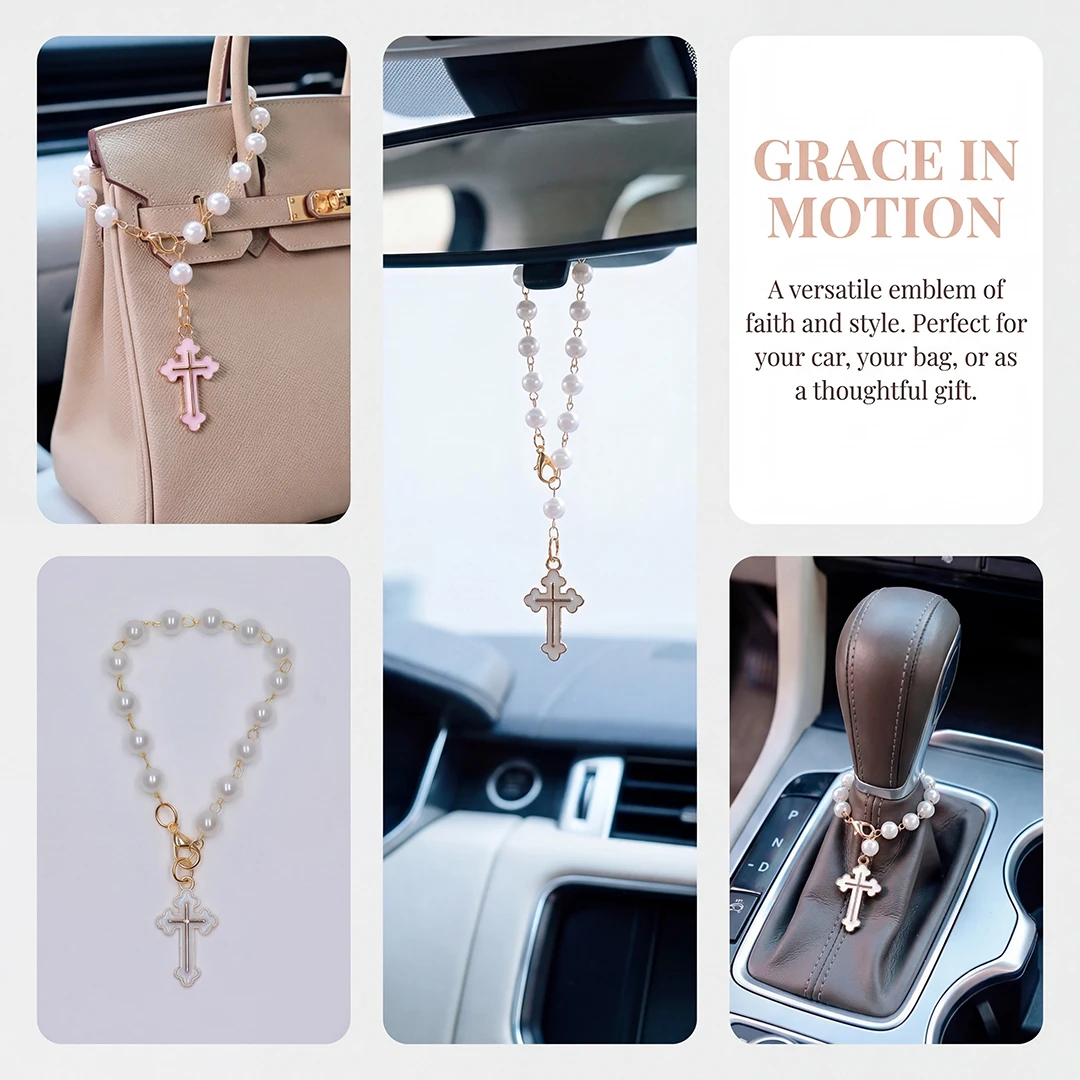 Elegant Pearl Cross Car Hanging Accessories Cute Steering Wheel&Rearview Mirror Pendant for Women Safe Driving Decoration