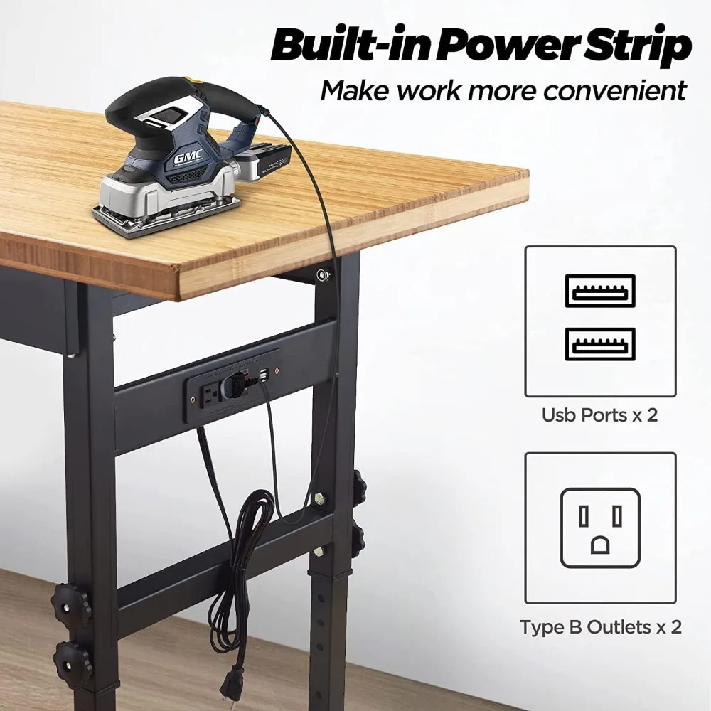 Work Bench, Workbench with Drawer, Power Outlet, Wheels, 59×23.6" Heavy Duty Adjustable Work Table for Garage, Workshop,