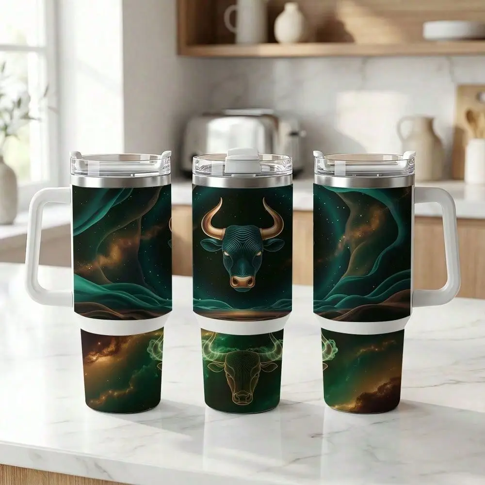 1Pc 40oz Insulated Car Cup, Stainless Steel Vacuum Tumbler With Handle And Straw,Twelve Zodiac Signs And Galaxy Nebula Pattern F