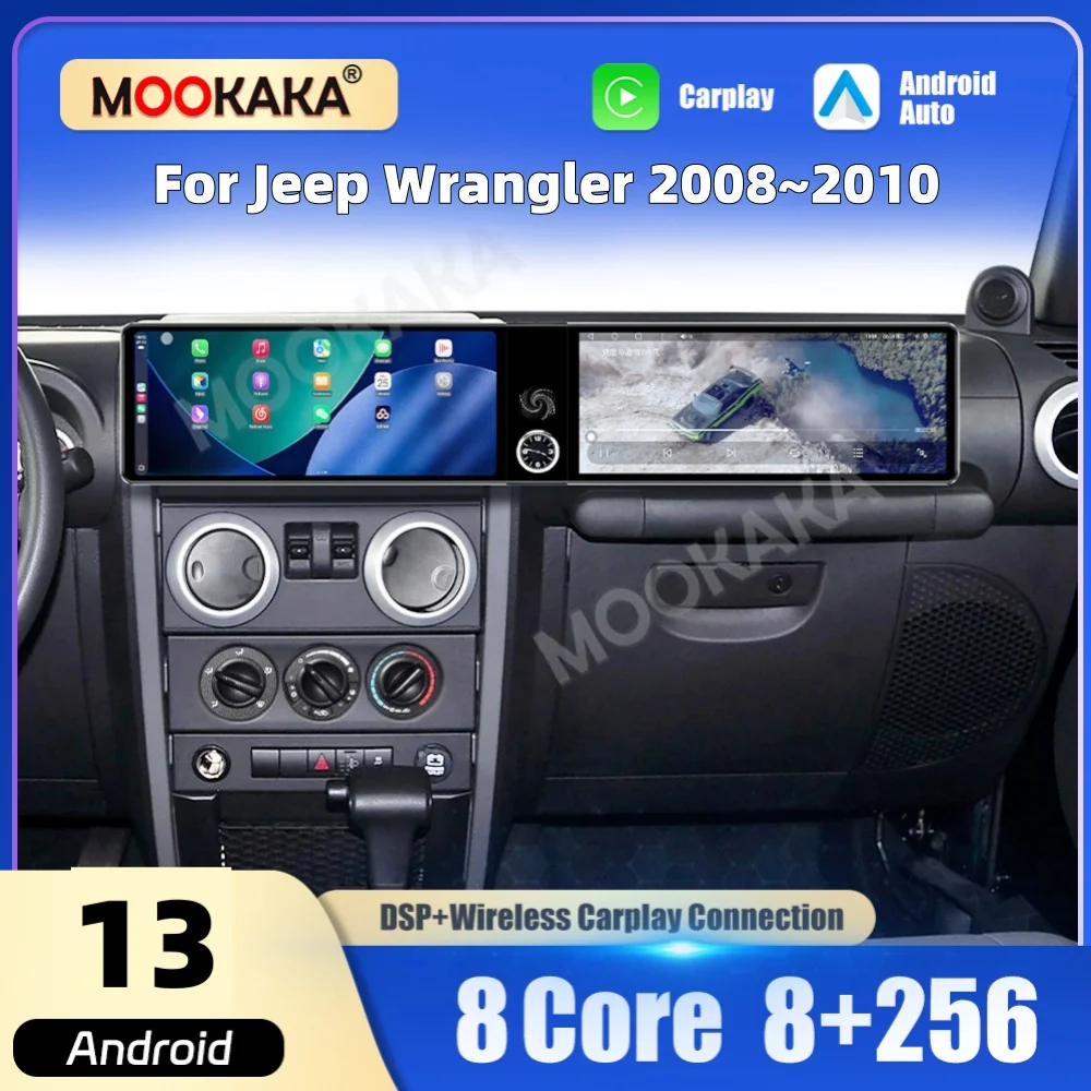 

Двойной 12,3-дюймовый автомобильный мультимедийный плеер Qualcomm с экраном Android для Jeep Wrangler 2008-2010, автомобильное радио, GPS-навигация, CarPlay, автомобильная мультимедийная система