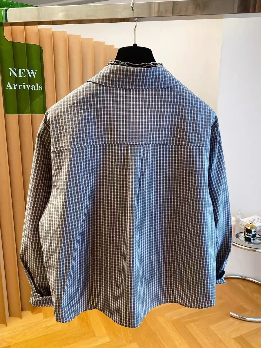 Brand New Korean Style Plaid Shirt Layered Look Fake Two-Piece Cotton Long Sleeve Women's Loose Fit Breathable Comfortable 3