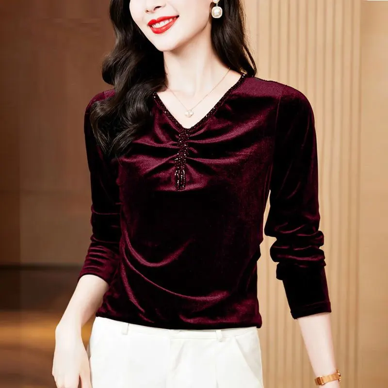 

Vintage Elegant V-Neck Velvet Shirt Spring Autumn Stylish Beading Tassel Casual Folds Female Clothing Commute Basic Slim Blouse