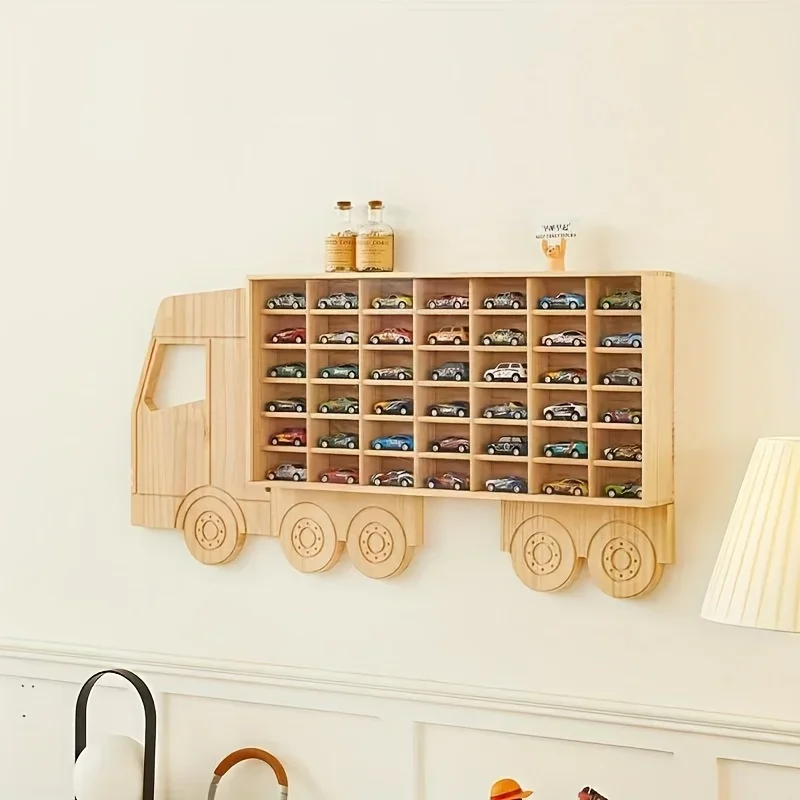 PGY 42-Slot Wood Car Model Toy storage Shelves Multi-Compartment Wall-Mount Toys Organizer Display Shelf Collectible Accessories