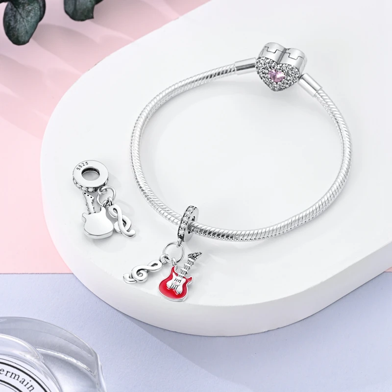 Classic 925 Sterling Silver Cool Red Guitar Notes Double Charm Fit Pandora Bracelet Women's Music Party Jewelry Accessories