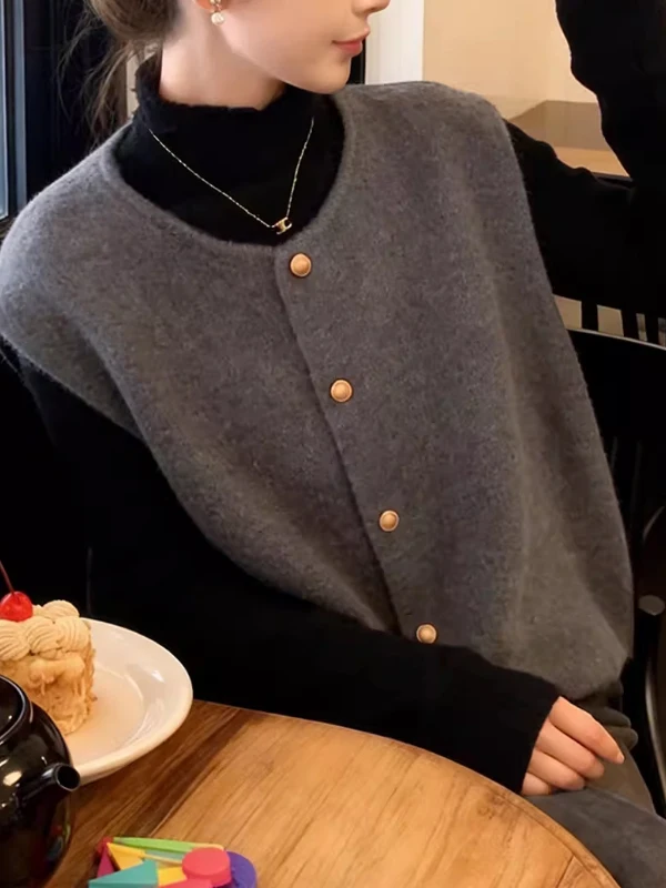 

Женский вязаный кардиган-жилет больших размеров с круглым вырезом, модный, стройнящий, омолаживающий, для весны