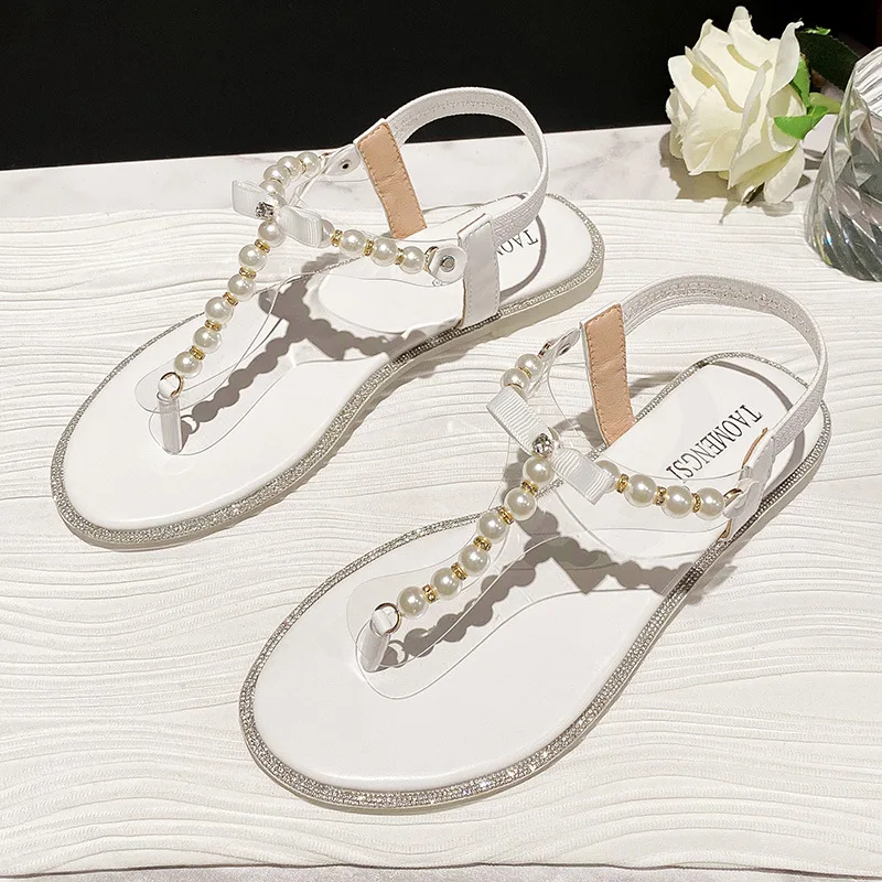 Comemore Women Sandals 2022 New Summer Shoes Flat Female Pearl Sandal Comfortable String Bead Beach Sweet Casual White Black 43