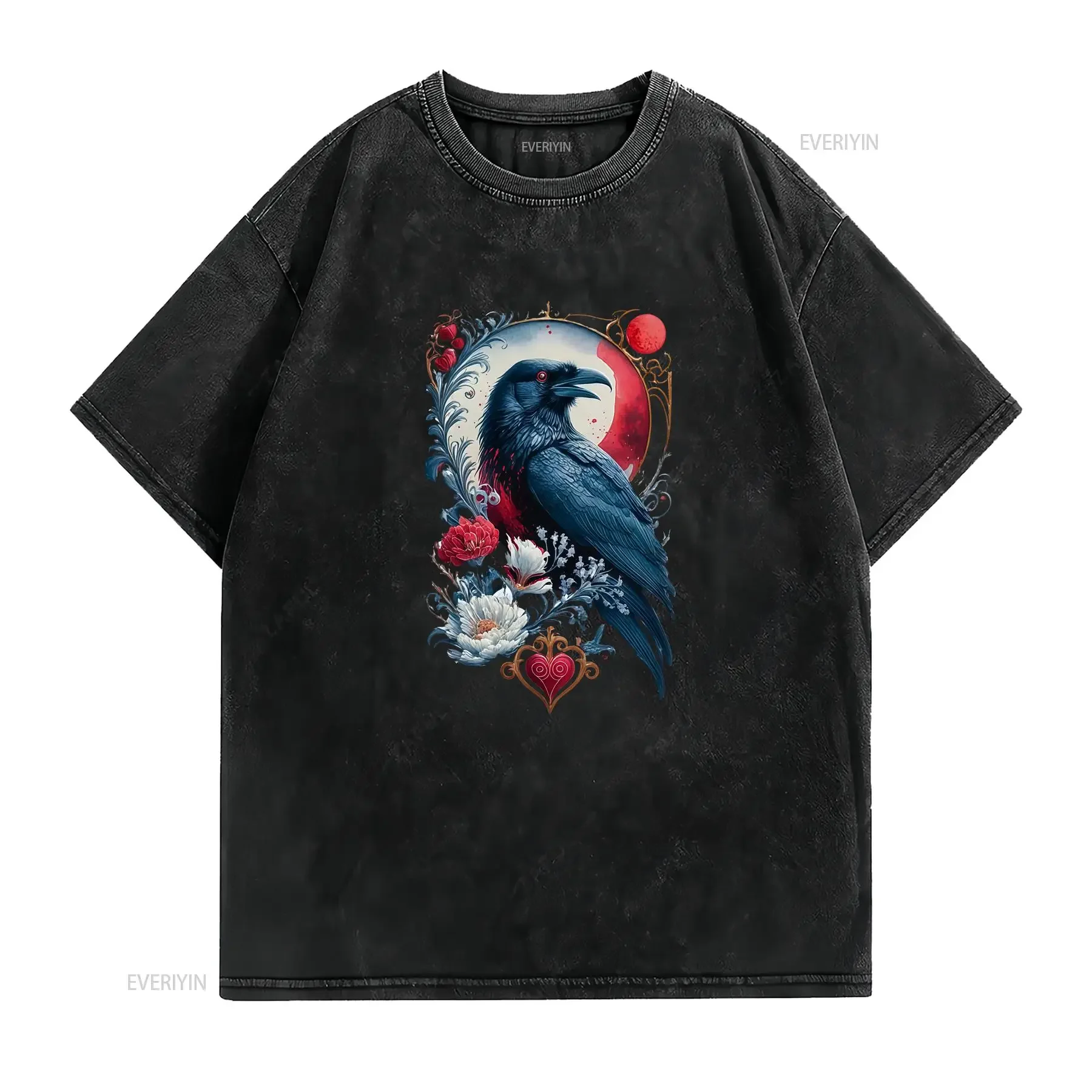 Raven Gothic T Shirt Mystical Dark Art Design with Moon and Floral Accents Nevermore Edgar Allan Poe Alt Apparel vintage