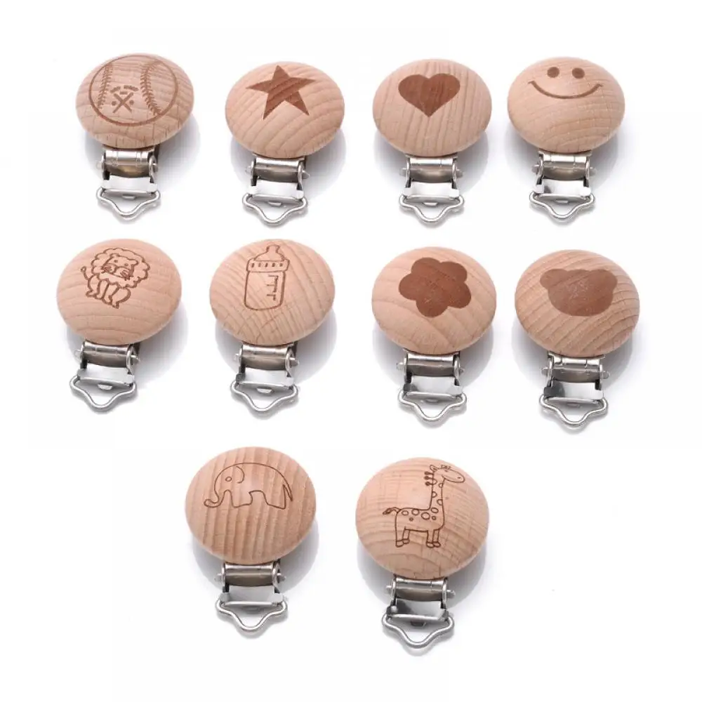 

10Pcs Round Printing Beech Wood Teething Clip Chew Soother Pacifier Clip Chain For Nipple Chain Clip Nursing Product Wholesale