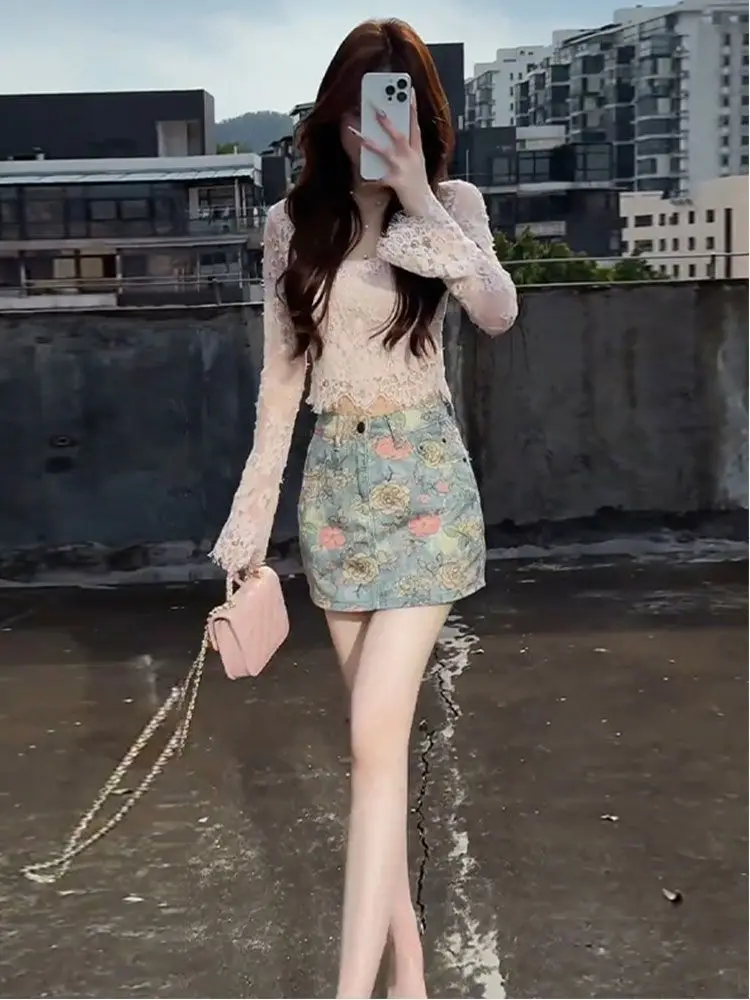 

​ Новинка лета: женская джинсовая юбка в американском стиле Hot Girl с высокой талией, принтованная, А-силуэт, мини, утягивающая, универсальная, модная ​