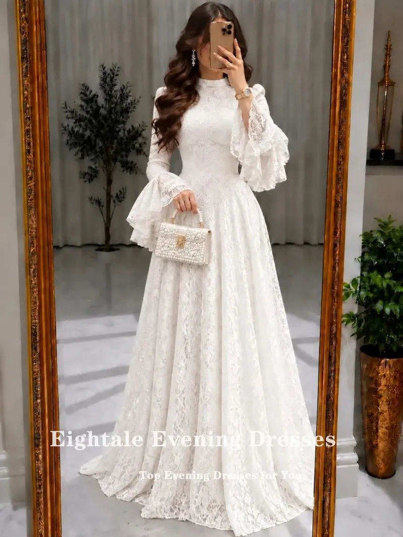 Eightale Arabic Wedding Dress Customized Bridal Gown High Neck Lace A-Line Long Sleeve Muslim Bride Party Dress Vestido De Novia