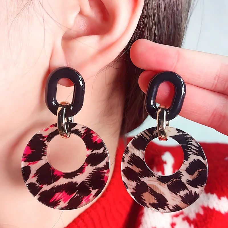 

Retro Openwork Colorful Round Acrylic Earrings Women's Fashionable Trendy Ear Accessories Unique Leopard Print Earrings