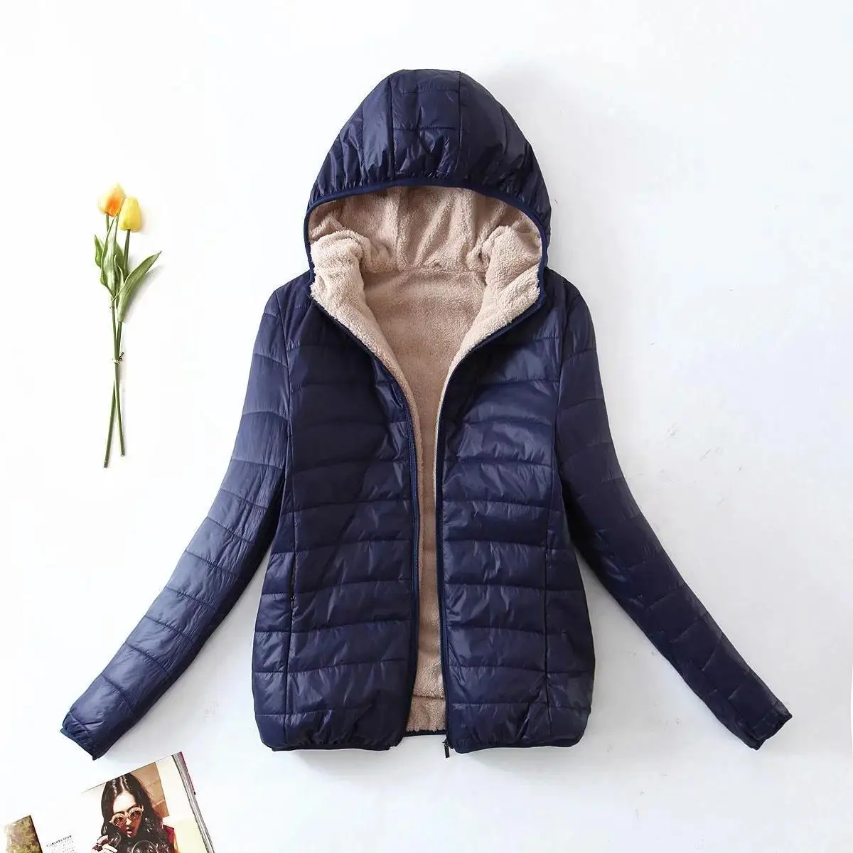 Autumn Winter New Medium-length Korean Style Hooded sSim Plus Velvet Cotton-padded Jacket Warm Faux Lamb Wool Top Female Coat