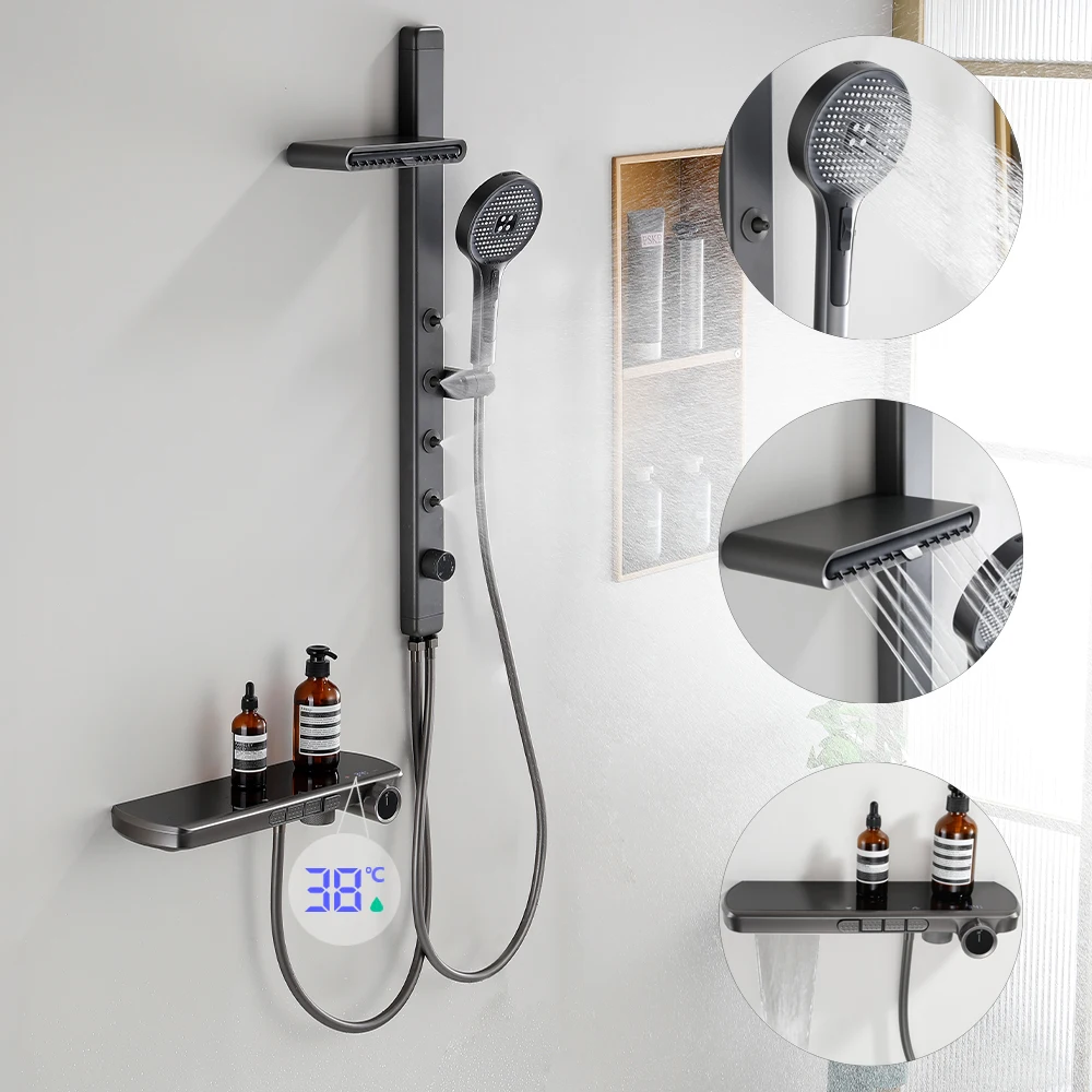 

Modern High End Rain Shower System Back SPA Massage Jet Tap Smart Thermostatic LED Display Waterfall Bathroom Faucet Showers Set