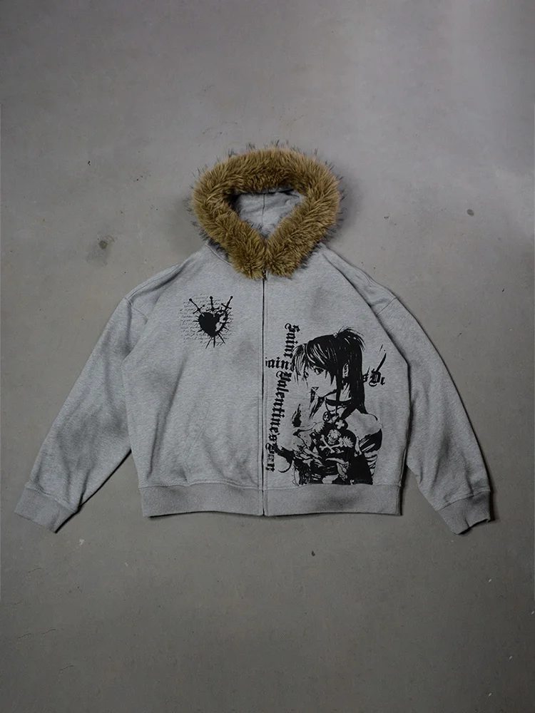 Winter Fashion Streetwear Women's Gothic Printed Faux Fur Hooded Jacket Trendy Edgy Zip - Up Sweatshirt 2026 New Arrival