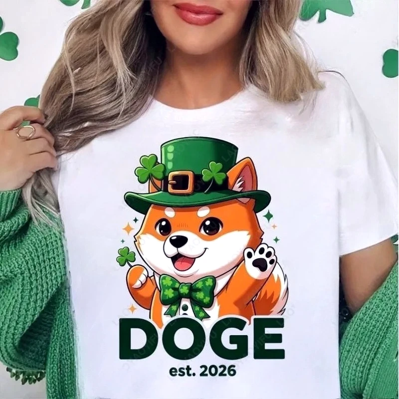 Doge Est. 2026 St Patrick’s Day O-neck Printed Women Tops Dog Lover Gift Irish Festivals Unisex Shirts Cute Shiba Inu Tee Tops