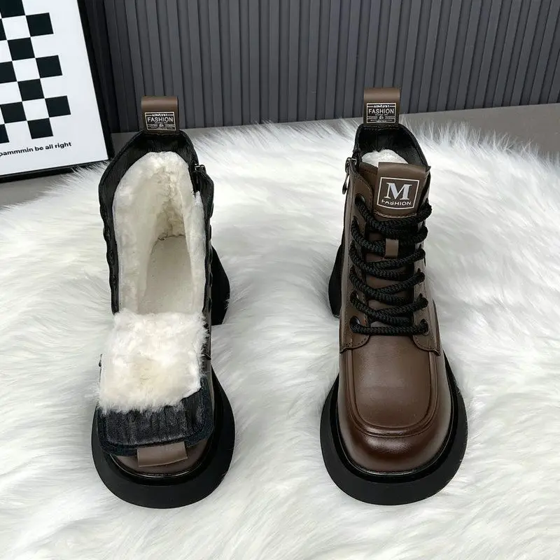 

Women's warm wool snow boots woman heeled ankle boots classic wateproof roman gothic heeled shoes ladies chunky rubber booties