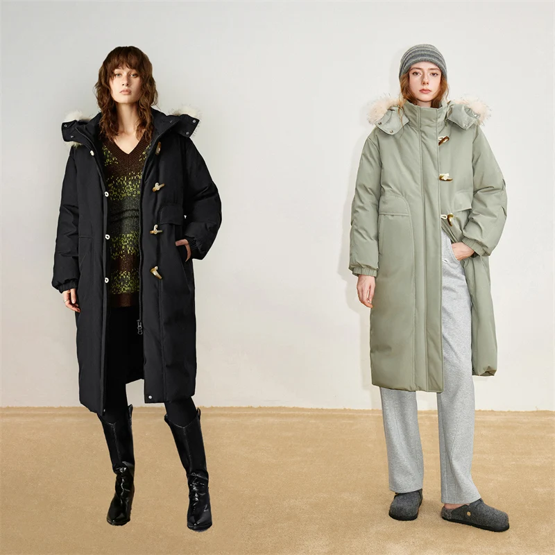 TOYOUTH-Chaqueta de plumón 90% para mujer, abrigo largo de tres pruebas con cuello de piel nueva, con capucha, hebilla de cuerno de vaca, invierno, 2025