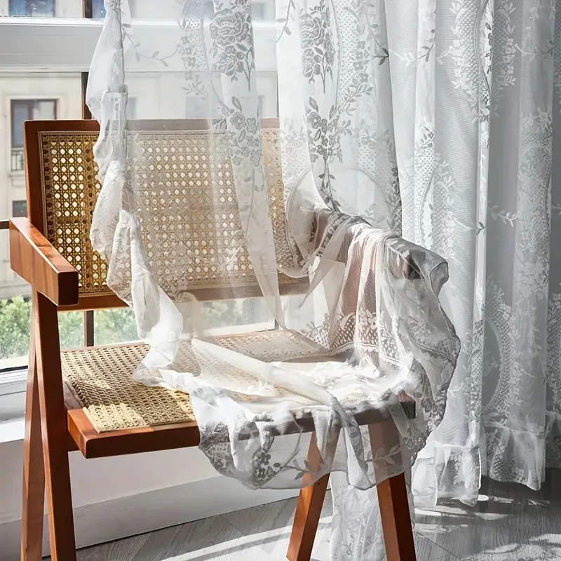 Ruffled Floral Sheer Jacquard Tulle Curtain Panel for Living Room Window Drapes Vintage Lace Voile Rod Pocket Home Decorative