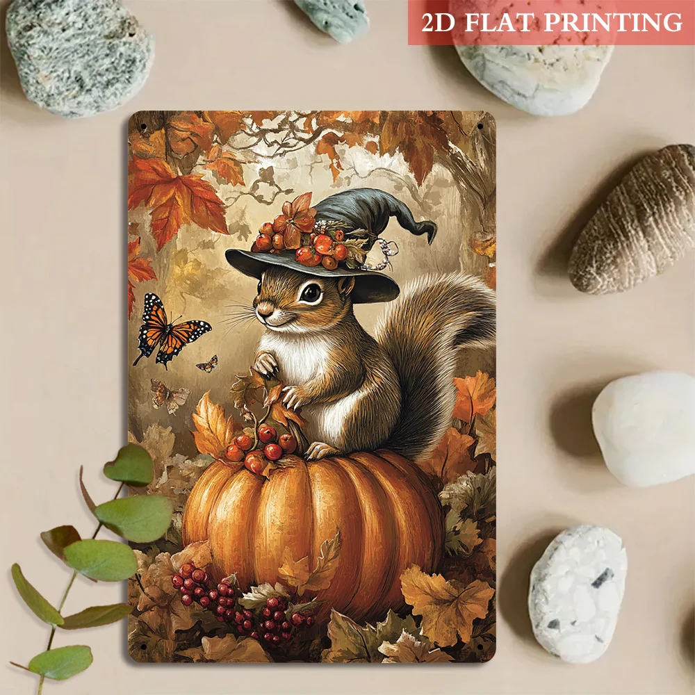 2D Flat, 2D Flat 1pc, Charming Squirrel & Pumpkin Iron Metal Decorative Sign, 20.32x30.48 cm Vintage Aesthetics, Rustic Art Styl