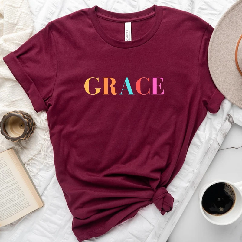 Motivational Graphic Tee Shirt Cotton Grace Vintage Women T Shirts O Neck Positive Saying T-shirt Religiiou Clothes Slogan Tops