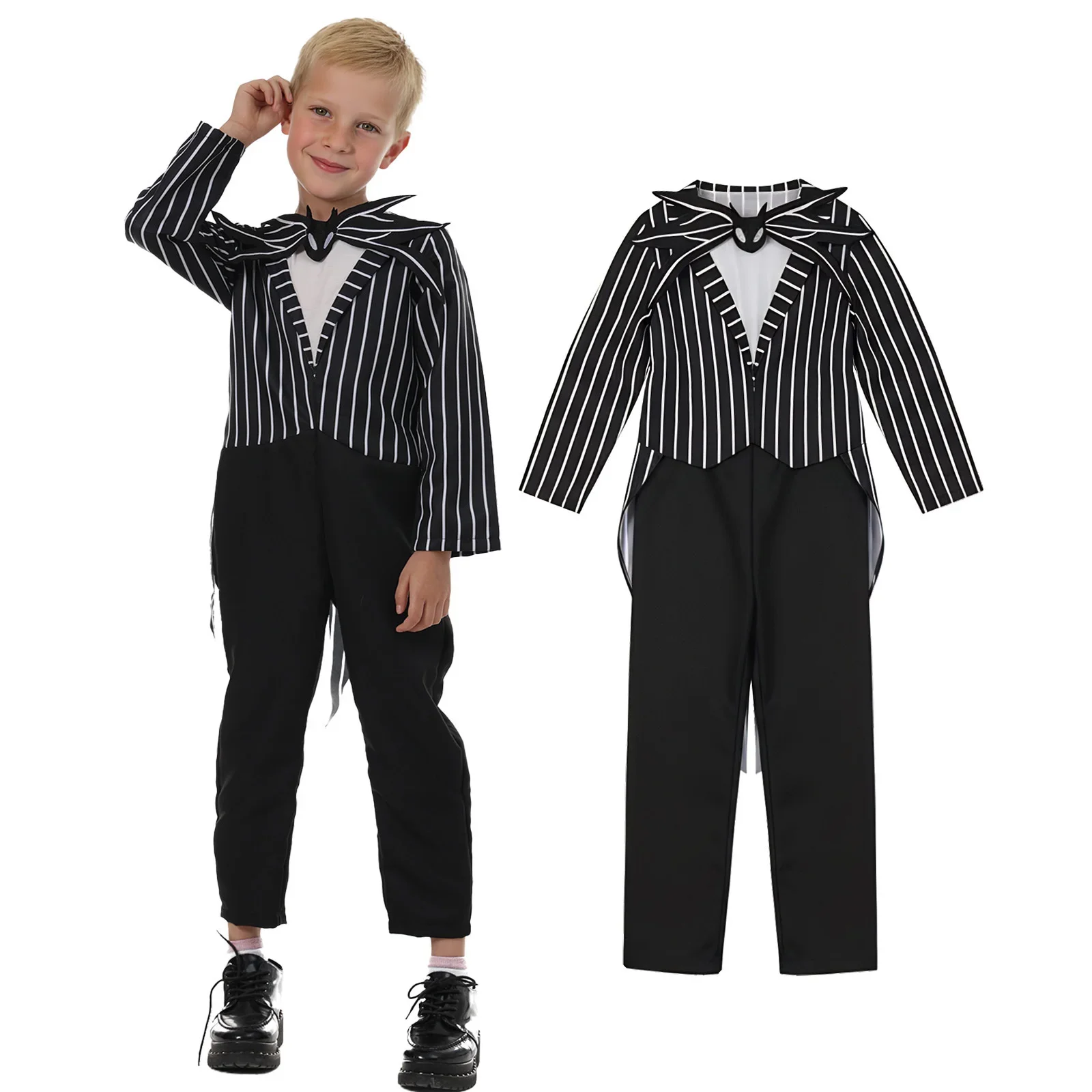 Kinder Gothic Skelett Genähtes Puppen-Cosplay-Set Gestreiftes Kostüm Patchwork-Kleid Perücke Halsband Halloween Karneval Party Outfit – Detail 7