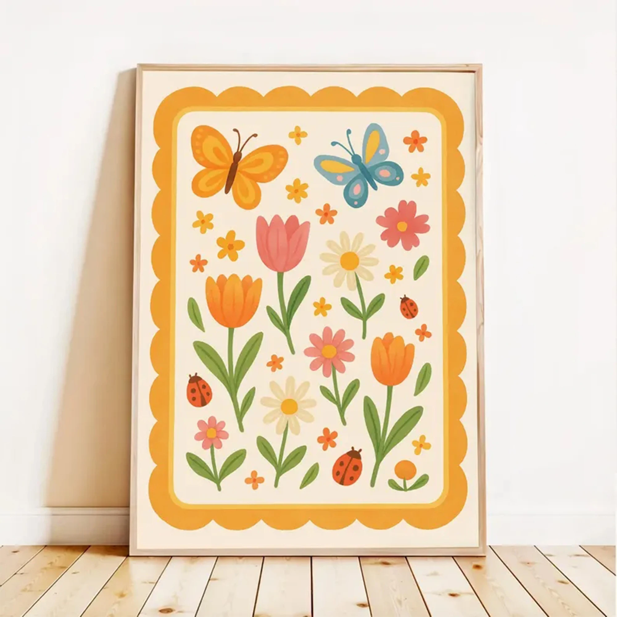 Modern Scalloped Border Pastel Flower Wall Art Print Canvas Painting Poster Picture For Living Room,Bedroom Home Decor