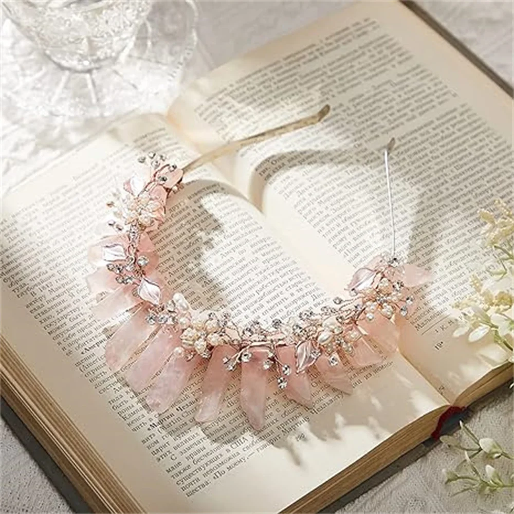 Raw Crystal Quartz Crown Headband Women Pink Crown Flower Crystal Mermaid Tiara Headband Handmade Natural Stone Witch Headpiece