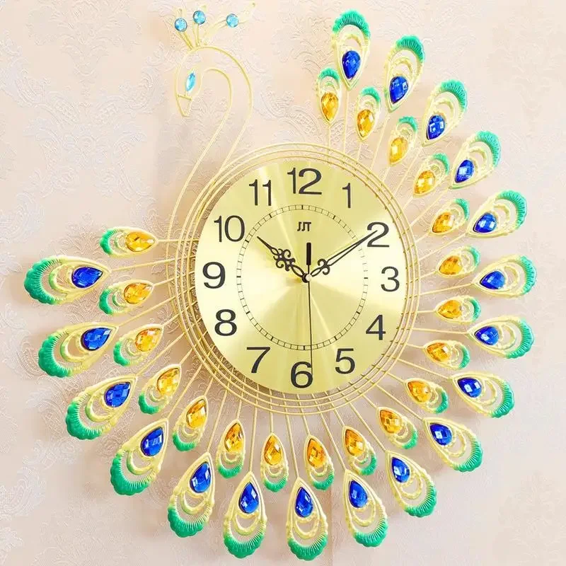 Large 3D Gold Diamond Peacock Wall Clock Metal Watch for Home Living Room Decoration DIY Clocks Ornaments 53x53cm WF