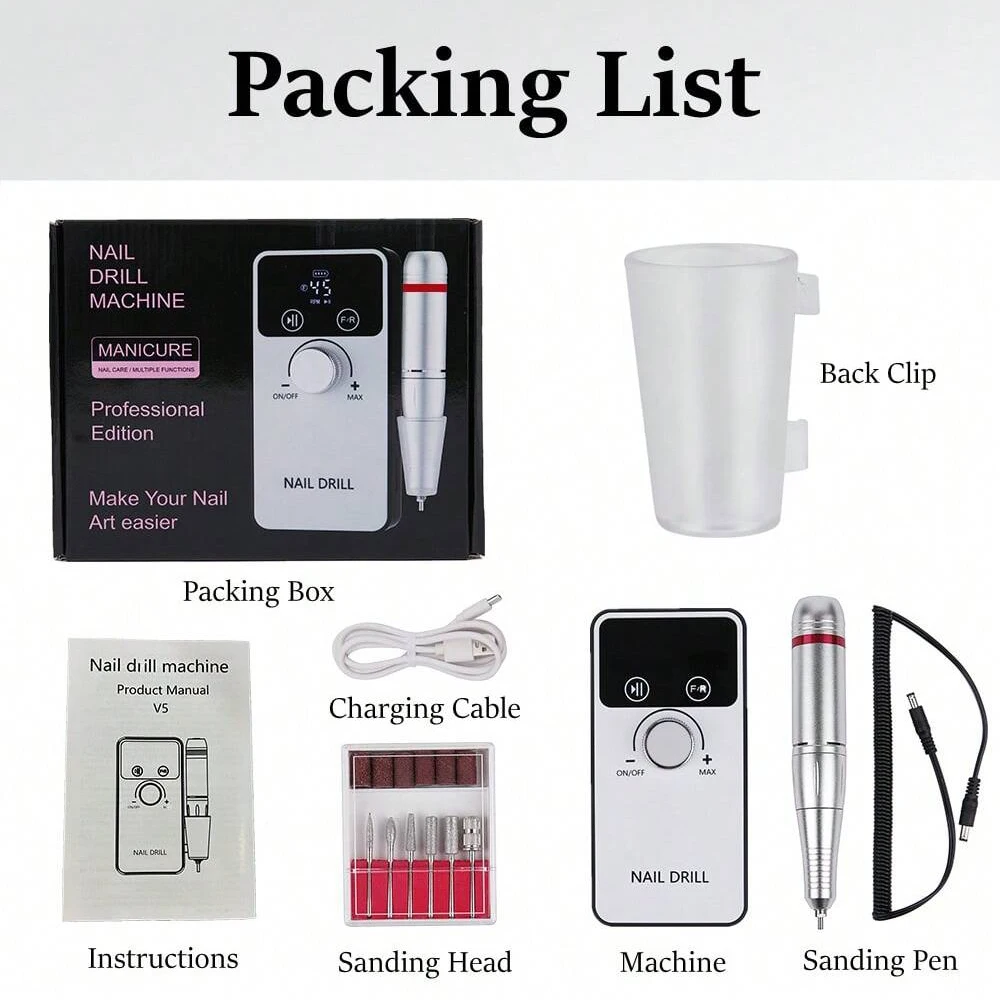 45000RPM Nail Drill Machine Set Rechargeable Portable Electric Nail File Grinding Head Kit Manicure Pedicure Tool