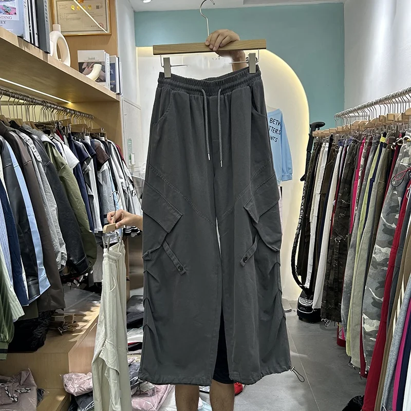 American Sle Women's Cargo Pants High Waist Wide Leg Casual Trousers Elastic Waist ket Design Slimming Trendy Pants