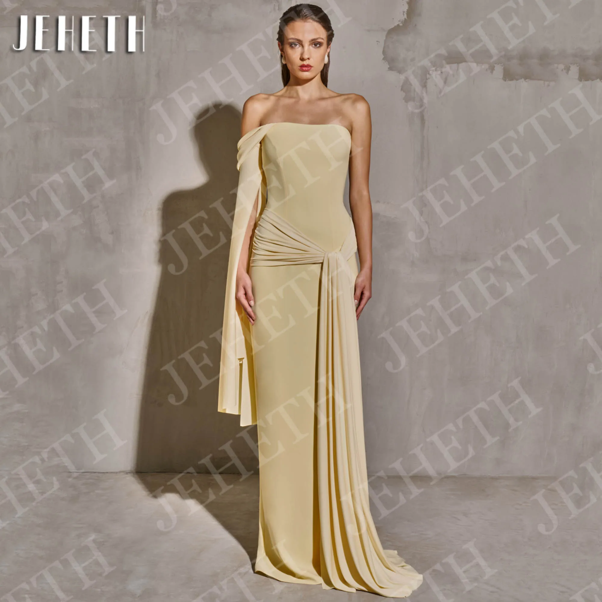 

JEHETH Simple Elegant Mermaid Evening Dresses One Shoulder robes de soirée Yellow Crape Celebrity Party Dress Woman Customized
