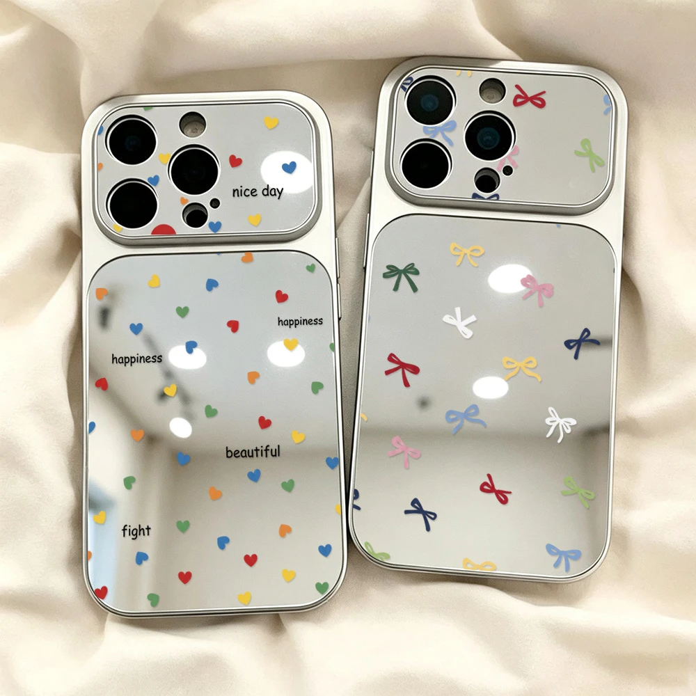 Cute Love Heart Bow Phone Case For iPhone 17 18 16 15 13 11 12 14 Pro Max Luxury Large Window Make Up Mirror Shockproof Cover