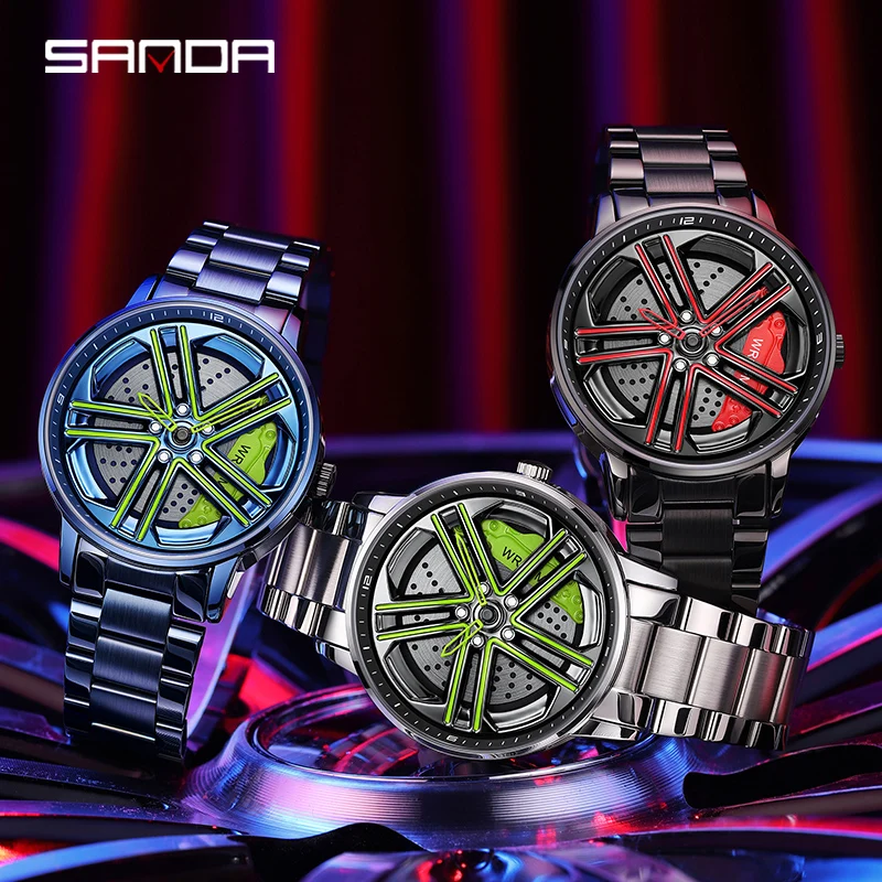 SANDA P1090 Regarder Mens Rim Hub Watch Wheel Wristwatch Clock Sport Car Creative 360 Spinning male WristWatches Reloj de hombre