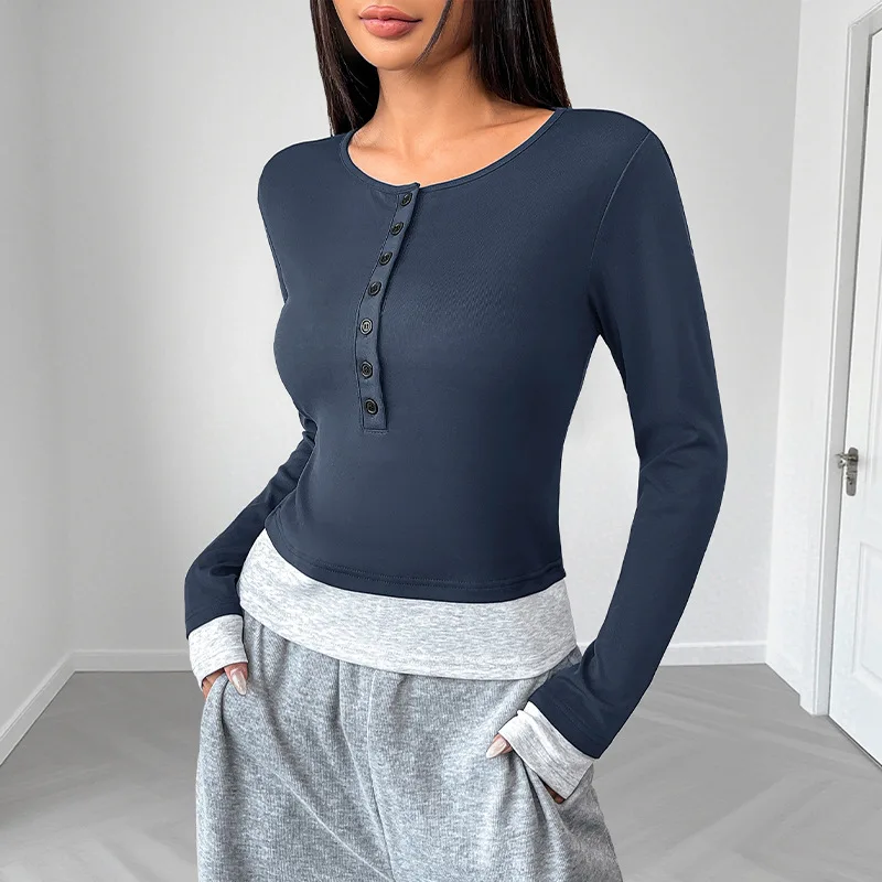 

2025 New Women's Commuter Leisure Joker Round Neck Slim Color Matching Fake Two-piece Long-sleeved Blouse Ladies