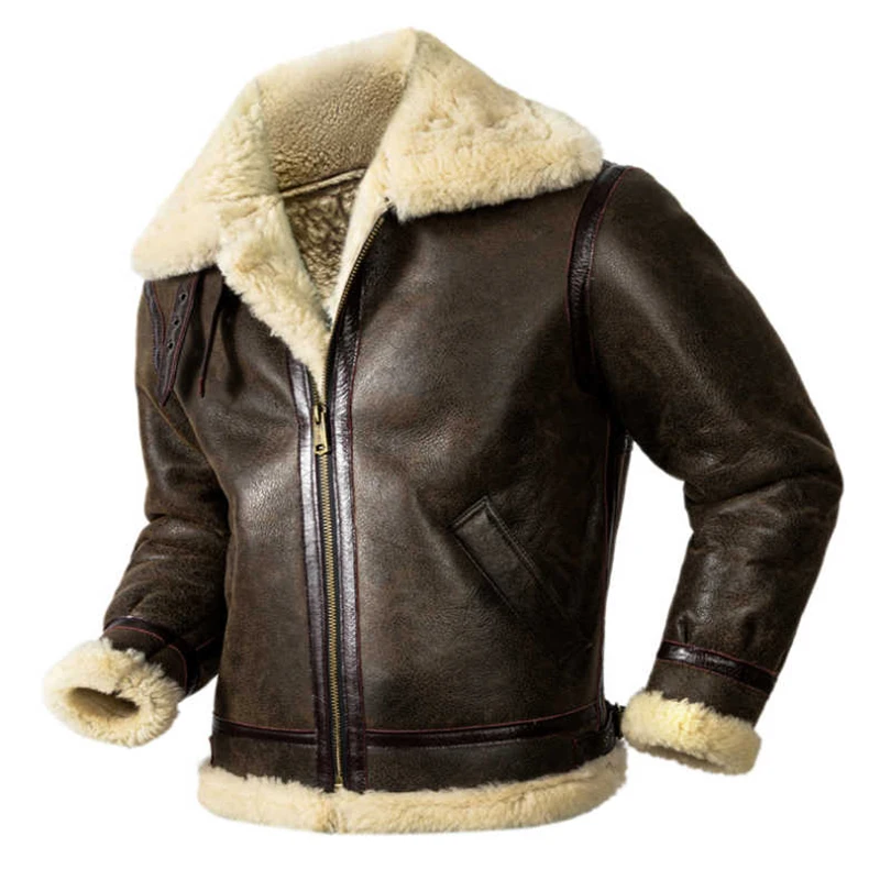 

2023 Men's Natural Shearling Thickened Warm Sheepskin Coat B3 Air Force Pilot Leather Jacket Brown European Size Winter Coat