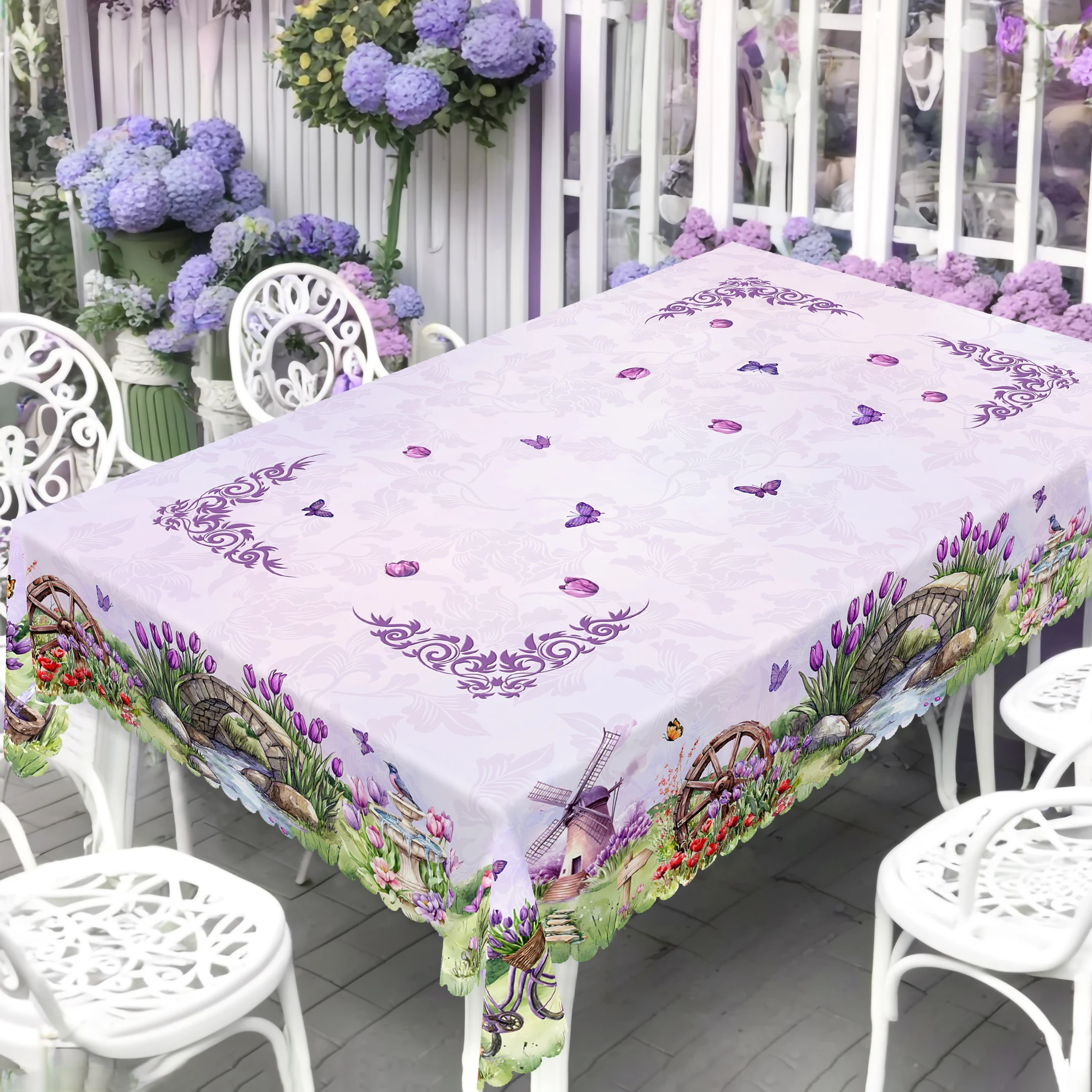 1 Piece of Spring/Summer Printed Round and Rectangular Tablecloth, Available in Various Sizes, with Purple Tulips and Lavender Interwoven, Featuring a Vintage Scroll Border and Butterfly Petal Embellishments, with Embossed Edges, Suitable for Home Dining Rooms, Outdoor Picnics, Spring Home Decor, and Spring Atmosphere Decoration