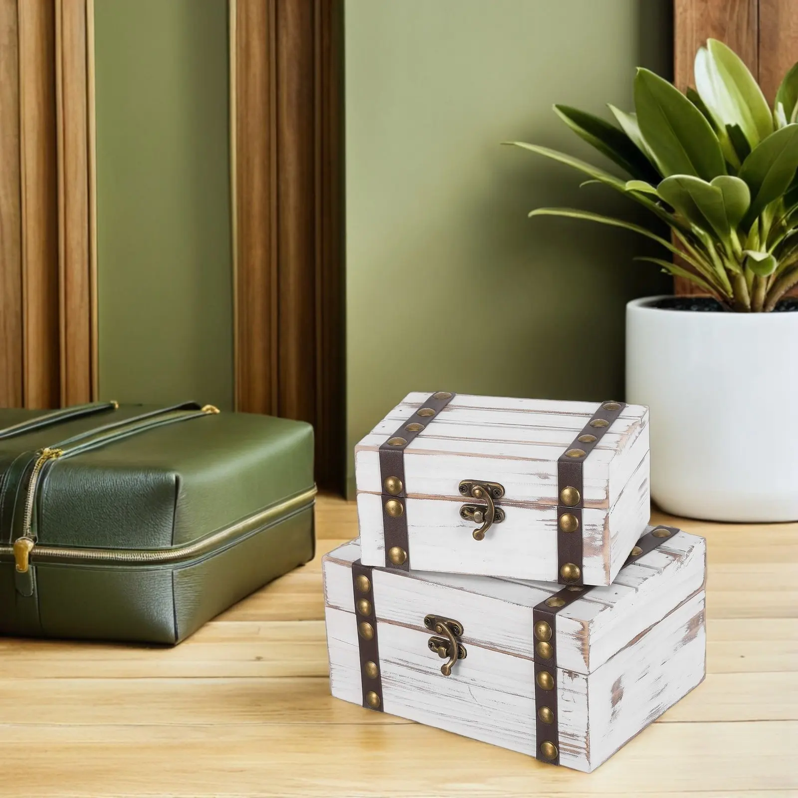 2Pcs Retro Jewelry Box Vintage Solid Wood Desktop Organizer Rustic Keepsake Chest Necklace Bracelet Earrings Storage