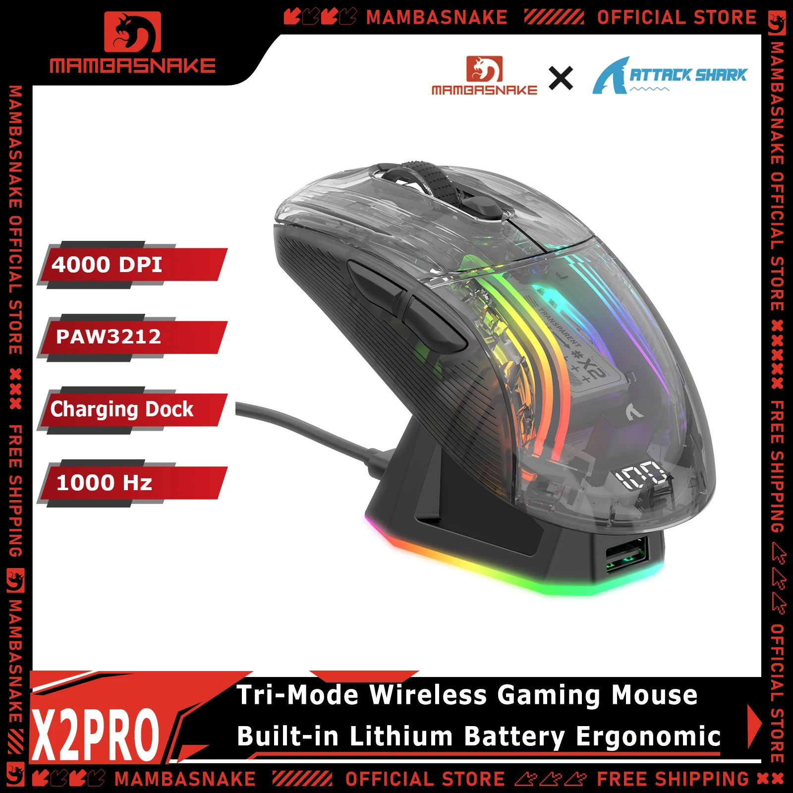 ATTACK SHARK X2 PRO Tri Mode Wireless Transparent Gaming Mouse PAW3212 4000DPI RGB Magnetic Charging Dock OLED Power Display RGB
