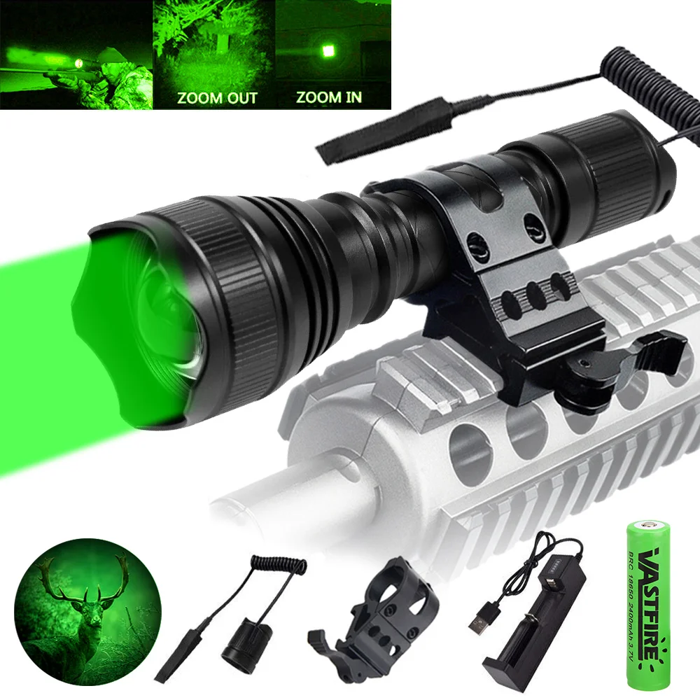 T21 500 Yards Professional Hunting Flashlight White/Red/Green Zoomable Torch 1-Mode Rifle Scope Hog Predator Varmint Lantern