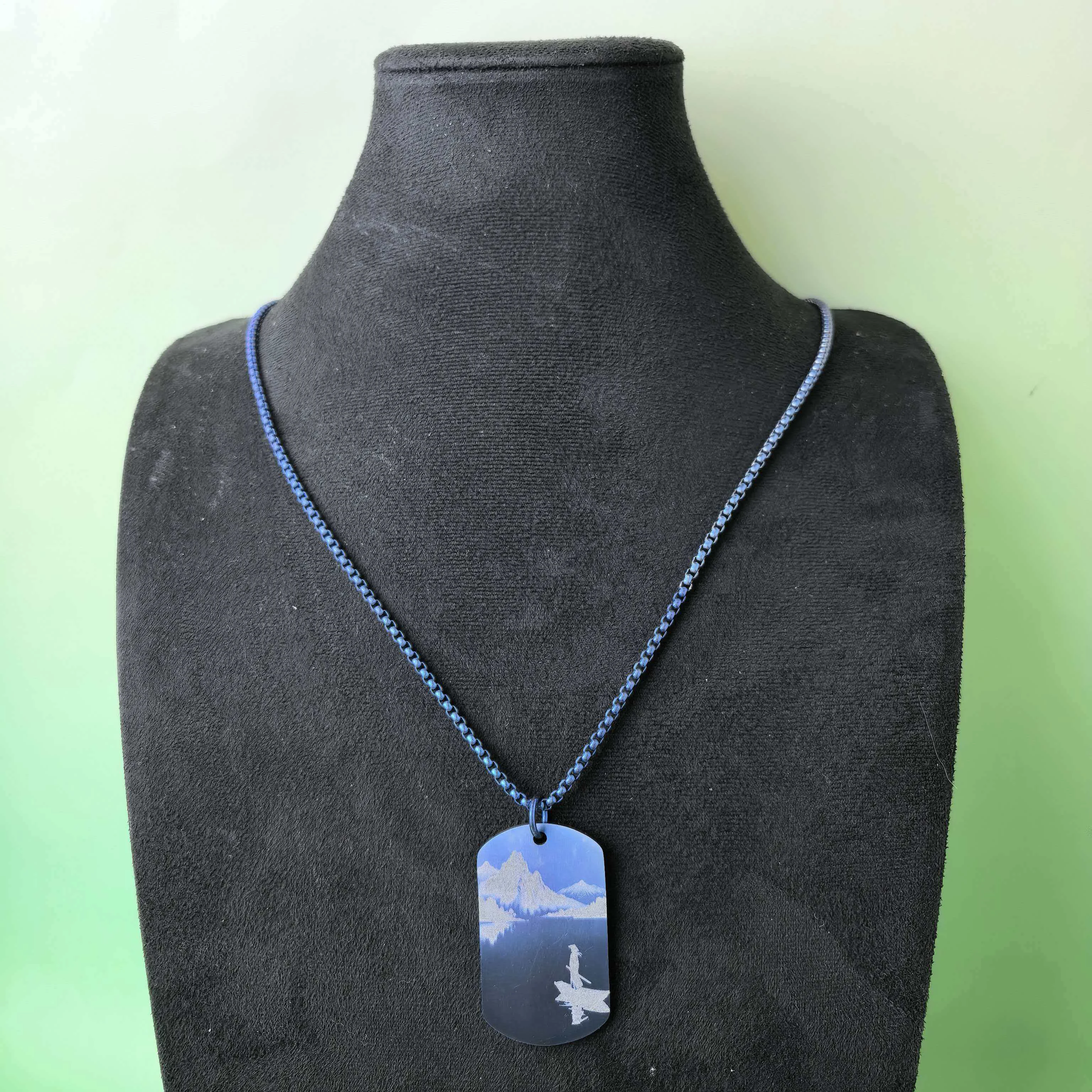 3.0mm Pure Titanium Blue Box Chain with Pure Titanium Landscape Painting Pendant