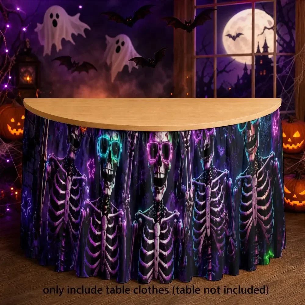 One Halloween party table skirt with a 2D flat purple background featuring glowing skull patterns