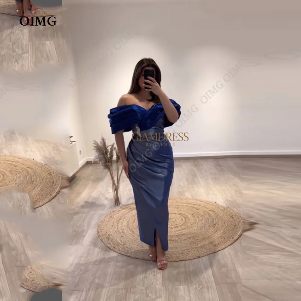 

OIMG Off Shoulder Blue Cocktail Dresses Satin Sheath Evening Dress Gowns Elegant Big Size Shiny Evening Party Outfits Dress