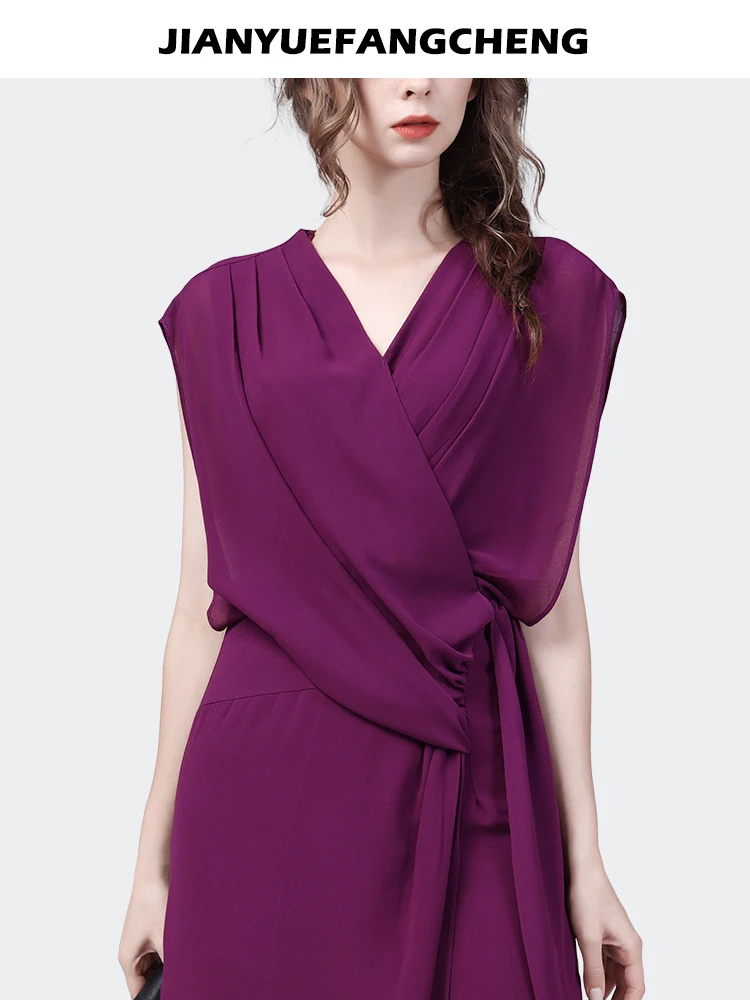 Women Summer Sleeveless Purple Chiffon Dress Elegant Irregular Design High Waist A-line Mid-length Fashion Flowing Casual Dress