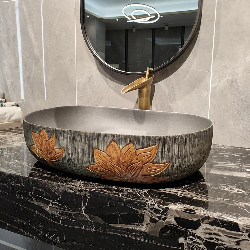 

Retro lotus art stage basin household Chinese antique ceramic washbasin