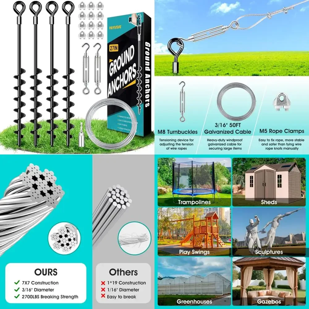 

Heavy Duty Shed Anchor Kit with Galvanized Cable and Turnbuckles for Mobile Home Stability and Canopy Support